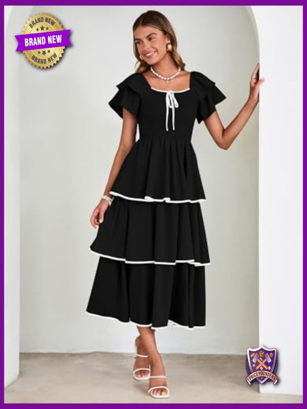 Smocked Tiered Midi Dress Square Neck Ruffle Short Sleeve Boho Flowy Guest - Picture 5 of 7
